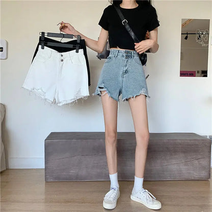 90s Grunge Aesthetic: Distressed High-Waist White Denim Shorts