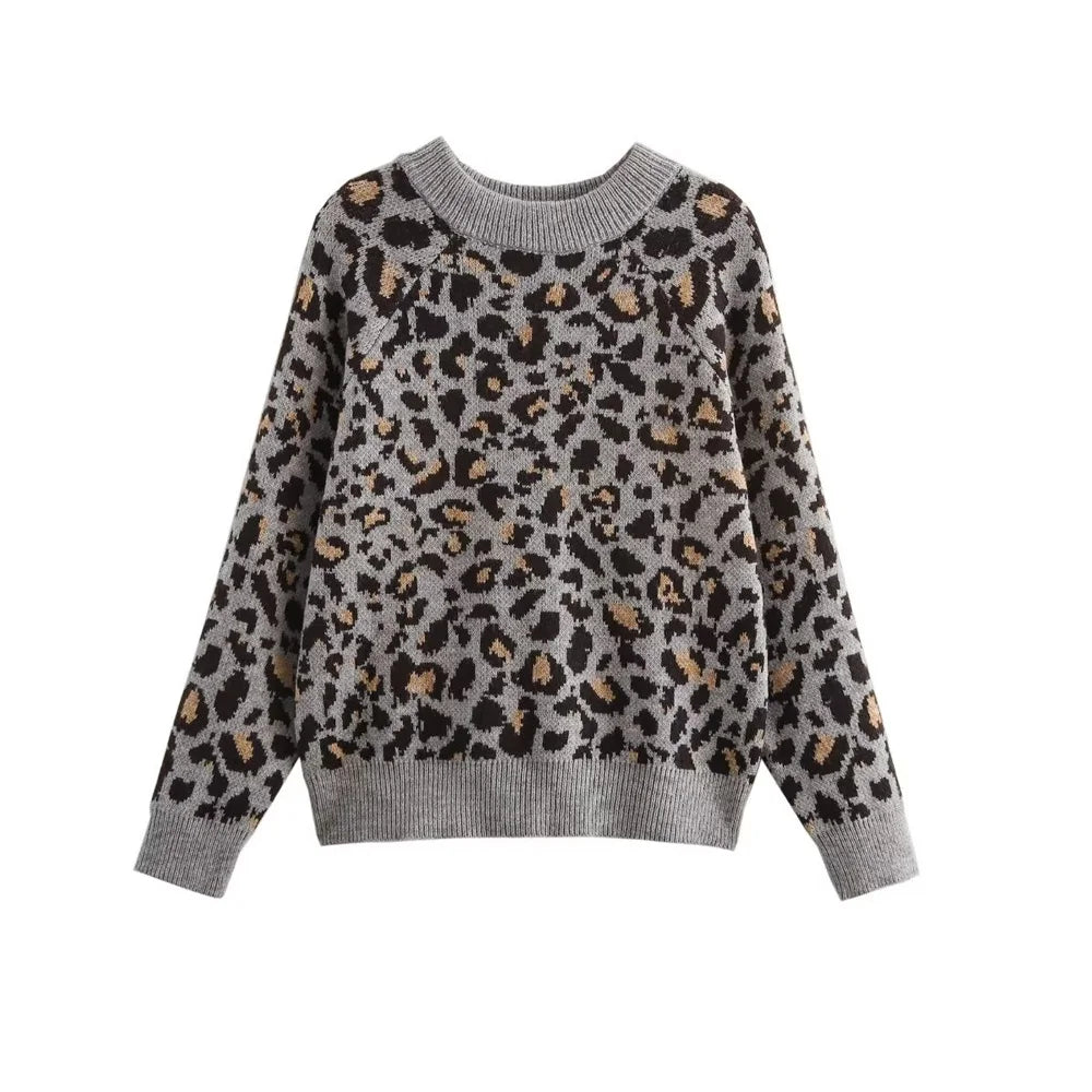 V Leopard Design Long Sleeve Women Winter Pullovers