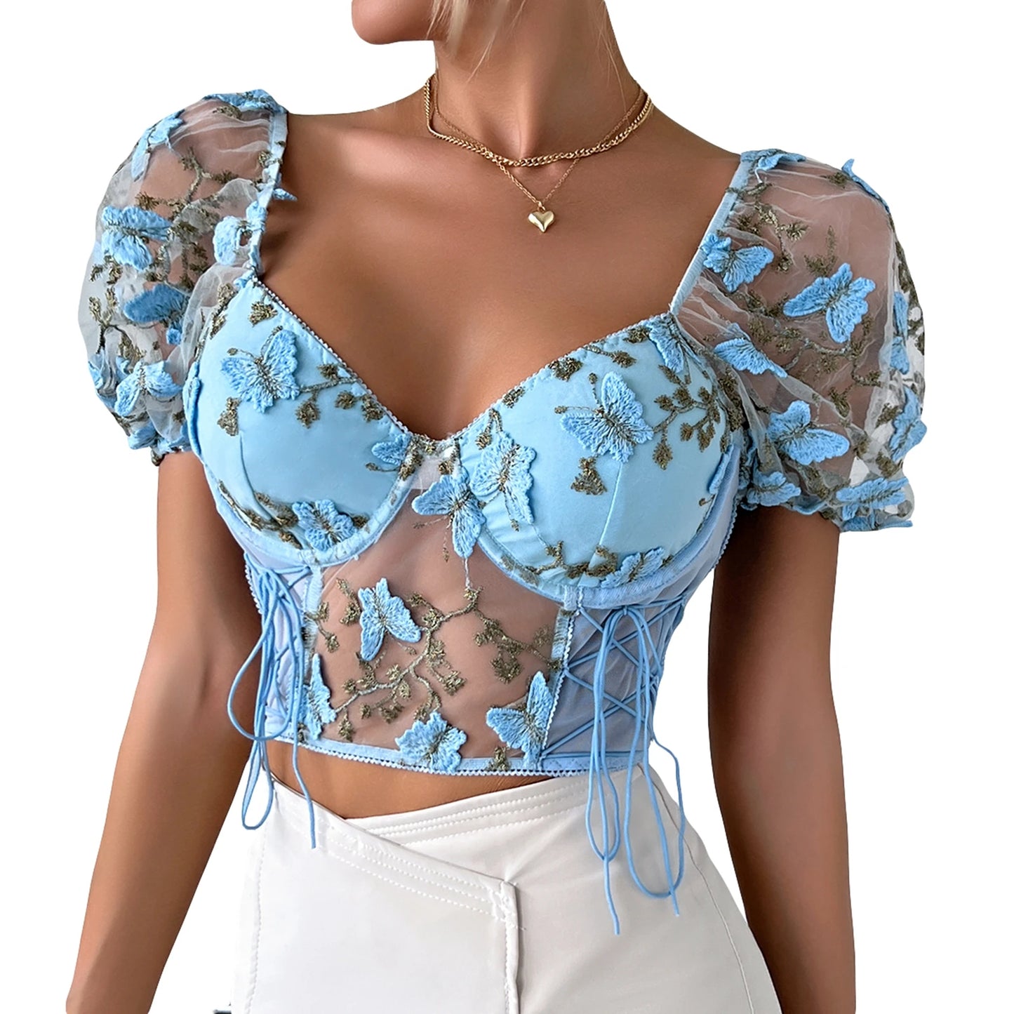 Ethereal Romanticism: Butterfly Embroidery Puff-Sleeve Cropped Blouse