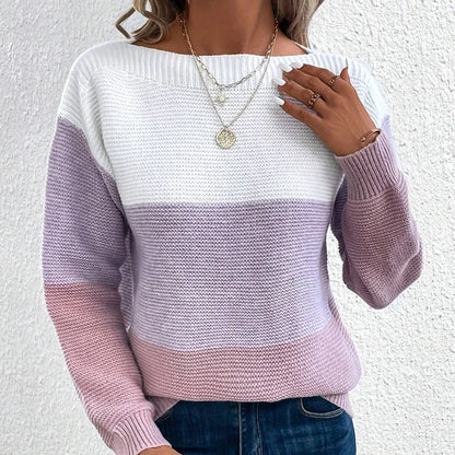 Womens Colorful Patchwork Crop Sweater Autumn Casual Knitted Pullover Bare Midriff Coarse Yarn Top
