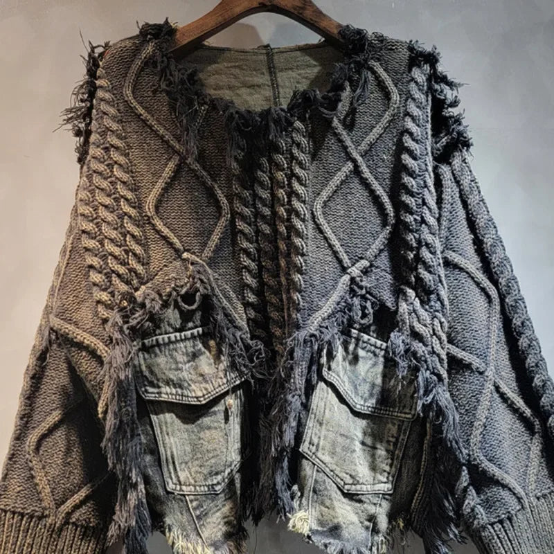 Womens Knitted Denim Patchwork Pullover Loose Casual Heart Sweater Vintage Streetwear Cozy Spring Autumn Fashion