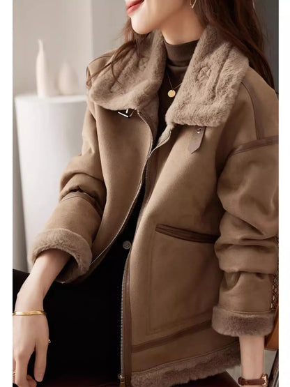 2023 Womens Extra Thick Lamb Leather Rider Jacket With Faux Fur