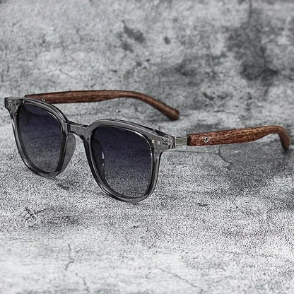 Nature Meets Tech: Matte Grey Sunglasses with Textured Wooden Temples