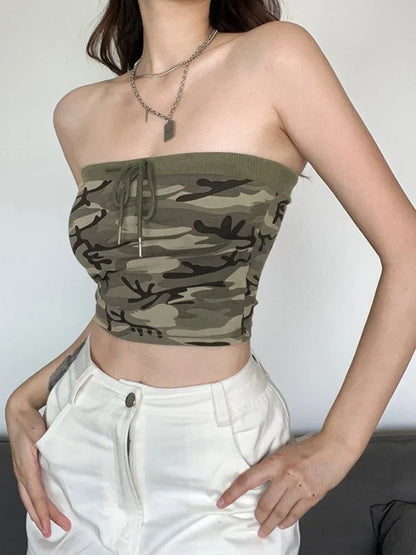 Y2K Sexy Camouflage Tube Top For Women Lace Up Strapless Bandeau Off Shoulder Military Crop Top Femme
