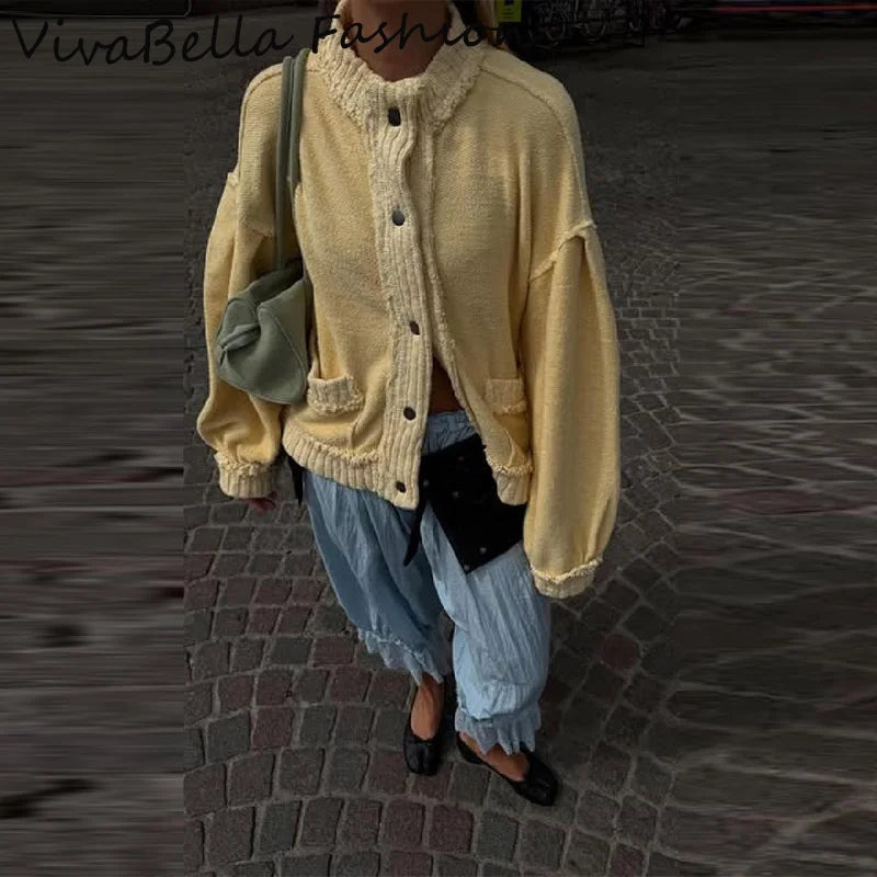 Women Elegant Lantern Sleeve Cardigans