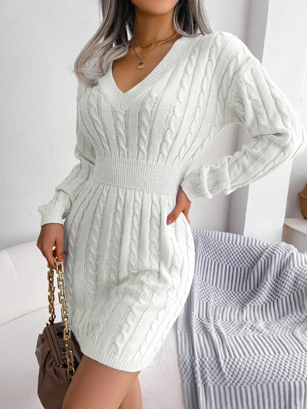Fashionable Autumn Winter Knitted Sweater Dress Medium To Long Sleeve Half High Collar Stylish Cozy Winter Dress