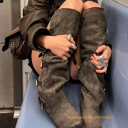 Womens Large Mid Length Retro Boots Buckle Casual Knight Boots For Autumn Winter 2025