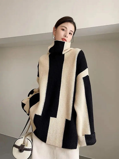 2025 Women's Turtleneck Pullover – Black & White Striped Sweater, Elegant Knit Top for Autumn/Winter Outerwear