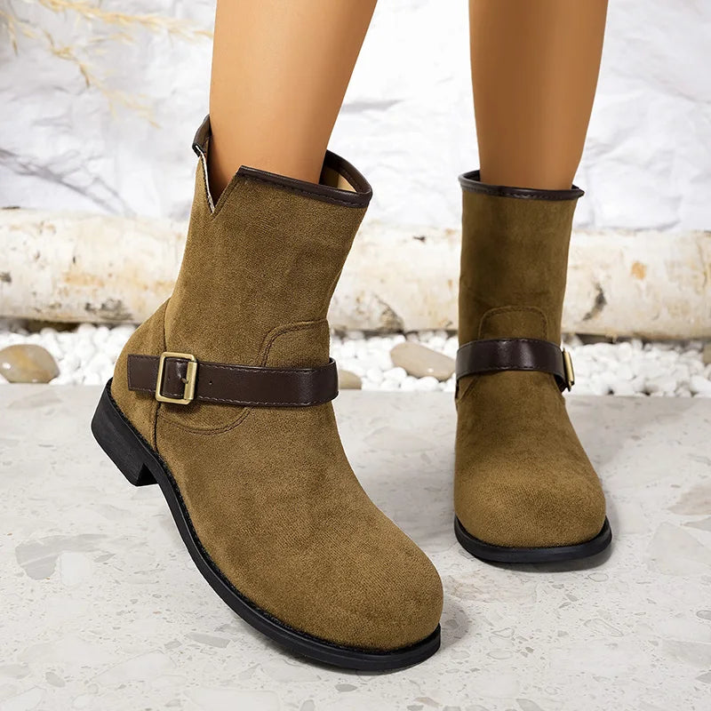 Designer British Style Square Low Heel Faux Suede Boots For Women