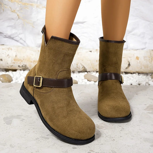Designer British Style Square Low Heel Faux Suede Boots For Women
