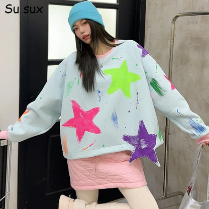 2025 Mens Fleece Sweater Long Sleeve Warm Loose Fit Pullover Multi Color Printed Korean Fashion