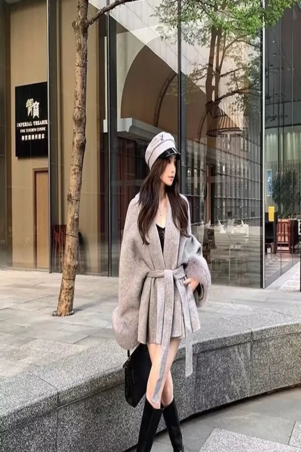 Elegant Wool Blend Coat for Women – Fur Patchwork Long Office Overcoat 2025 Fashion