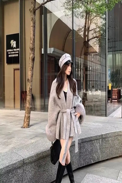 Elegant Wool Blend Coat for Women – Fur Patchwork Long Office Overcoat 2025 Fashion