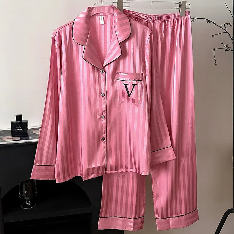 Womens Satin Pajama Set 2 Piece Star Print Loungewear With Lapel Shirt Elastic Waist Pants