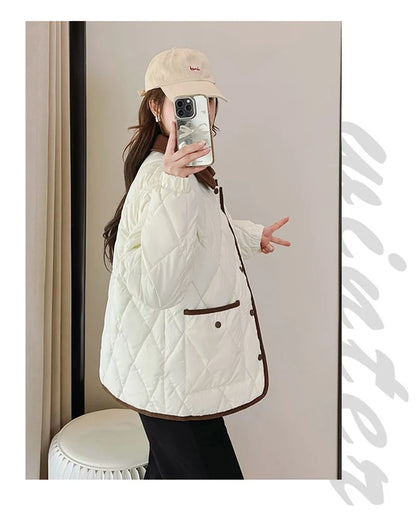 Quilted PU Leather Short Coat – Warm Rhombic Lattice Winter Jacket for Women