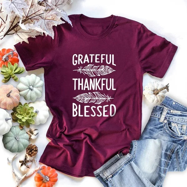 Grateful Thankful Blessed Feather Print T Shirt Womens Short Sleeve O Neck Loose Fit Casual Tee Inspirational Graphic Ladies Top