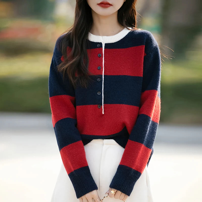 2024 Autumn Winter Womens Striped O Neck Sweater O Neck Long Sleeves Oversized Fit