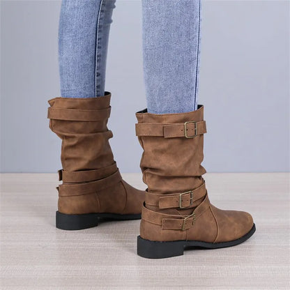 Women's Large Mid-Length Retro Boots – Buckle Casual Knight Boots for Autumn/Winter 2025