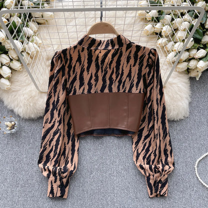 Zebra-Stripe Bandage Blouse: Elegant Korean Fashion for Women