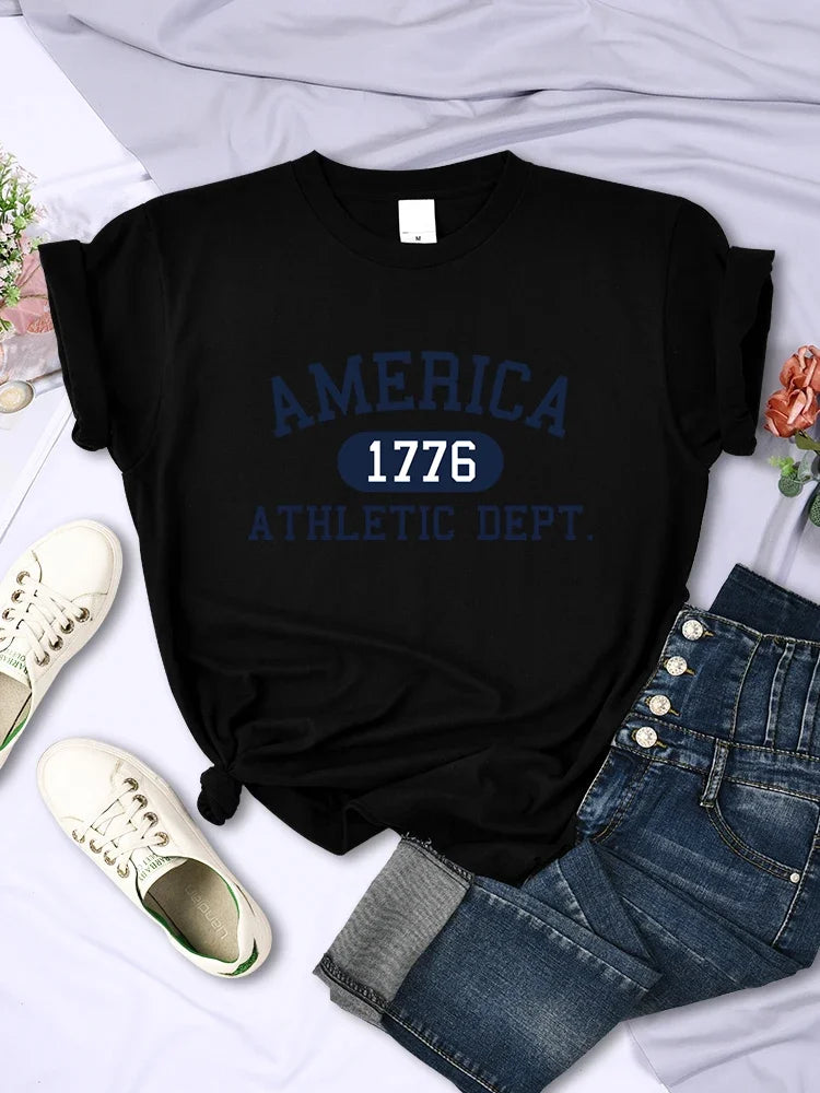 America 1776 Athletic Dept Letter T Shirt Womens Sport Casual Crop Top Cool Hip Hop Tee Soft Breathable