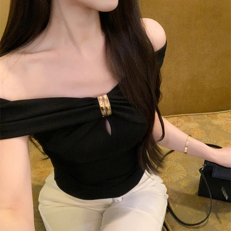 Off Shoulder Bow T Shirt For Women Sexy Exposed Clavicle Crop Top Elegant Korean Long Sleeve Spring Autumn Shirt