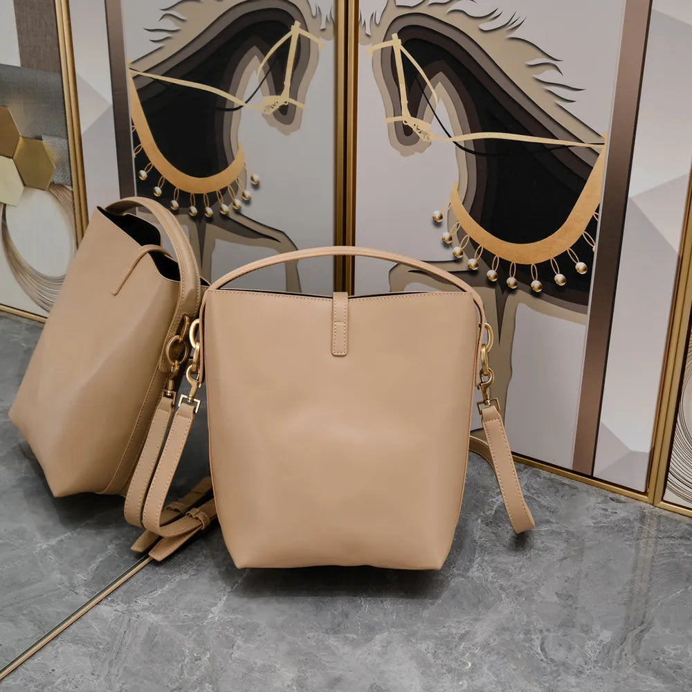 Designer Calfskin Bucket Bag: Genuine Leather, Crossbody Style with Large Capacity