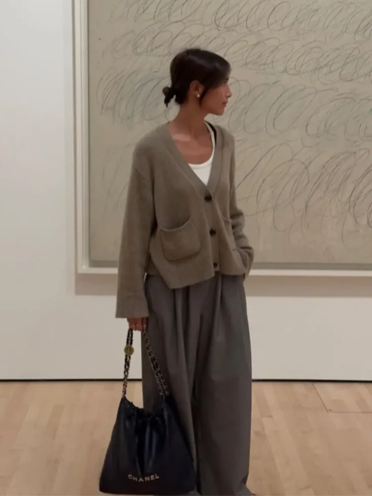 2025 Winter Women S Solid Color Cardigan Knitted Loose Fit Xxl Sweater Coat With Pockets Black