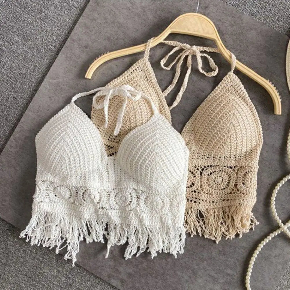 2025 Handmade Knit Crochet Crop Top Sexy Halter Camisole Push Up Beach Tank For Women Yoga Wear