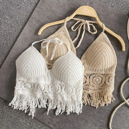 2025 Handmade Knit Crochet Crop Top Sexy Halter Camisole Push Up Beach Tank For Women Yoga Wear