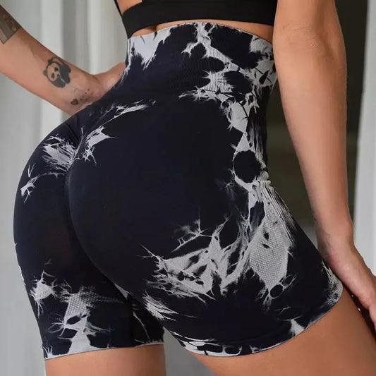 Womens Seamless Tie Dye Push Up Yoga Fitness Shorts