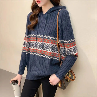 Women S Vintage Brown Knitting Sweater Hoodie Long Sleeve Casual Korean Fashion Baggy Autumn Tops For Ladies