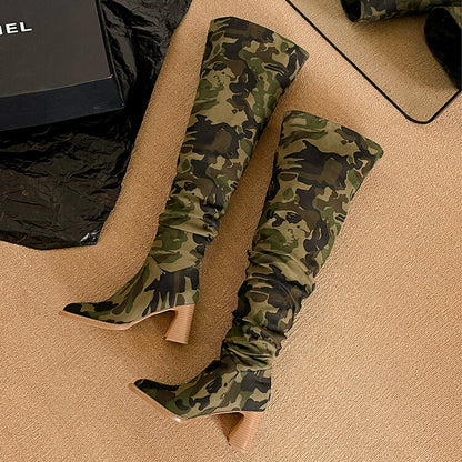 Fashion Over the Knee Boots for Women – New High-Quality Denim Camouflage, Round Toe High Heels, Modern Long Leg Boots