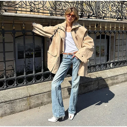 Cotton Khaki Long Turn Down Collar Belted Women Trench Coat