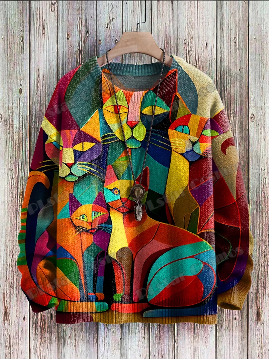 Vibrant Ukiyo-e Cat Sweater for Cozy Sunset Walks