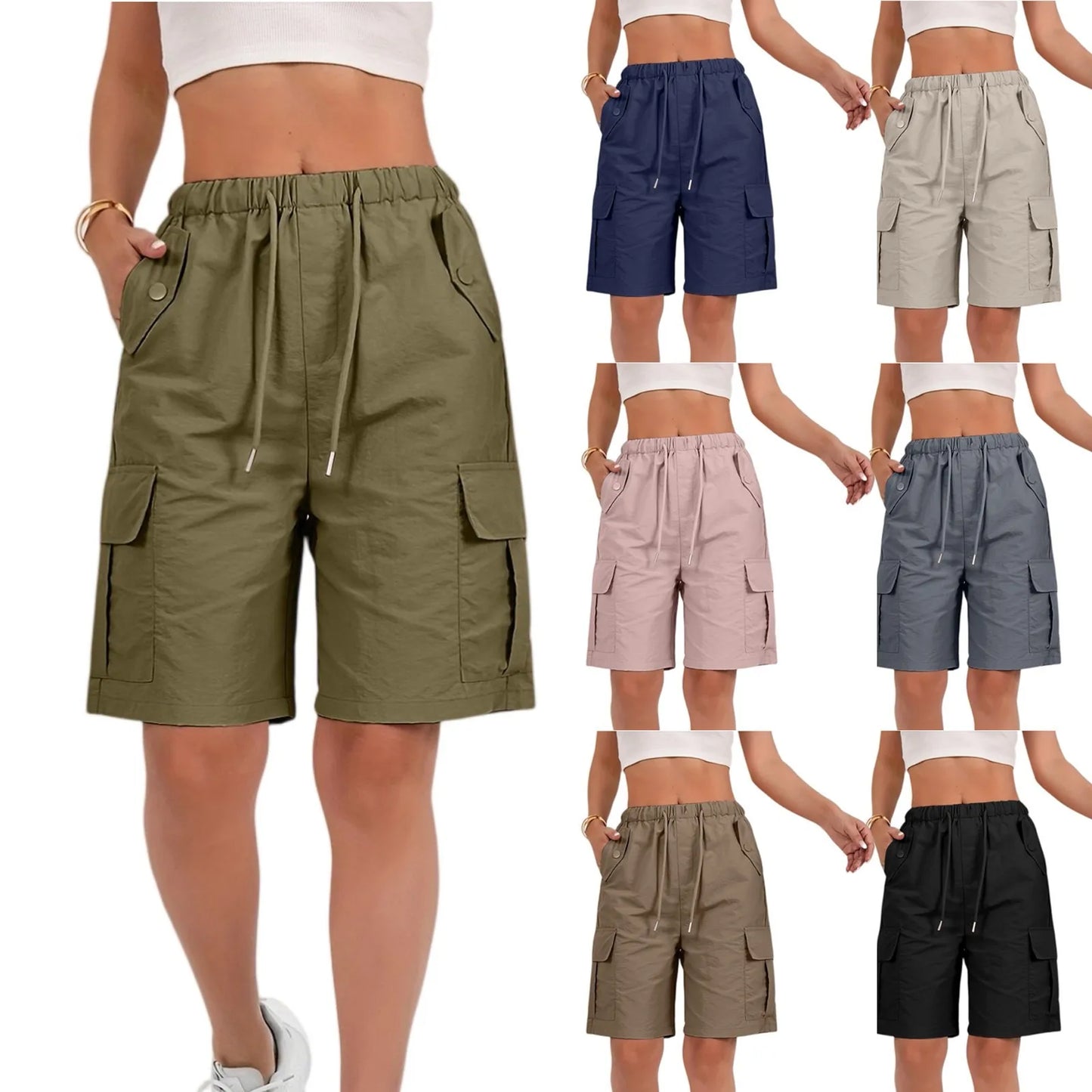 Elastic Waist Flap Pocket Cargo Shorts For Women