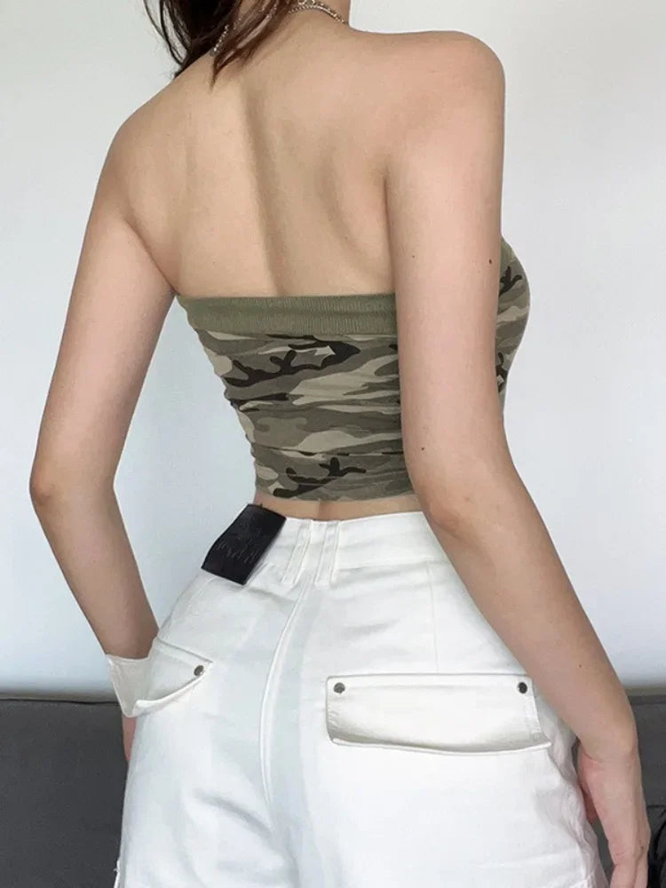 Y2K Sexy Camouflage Tube Top For Women Lace Up Strapless Bandeau Off Shoulder Military Crop Top Femme