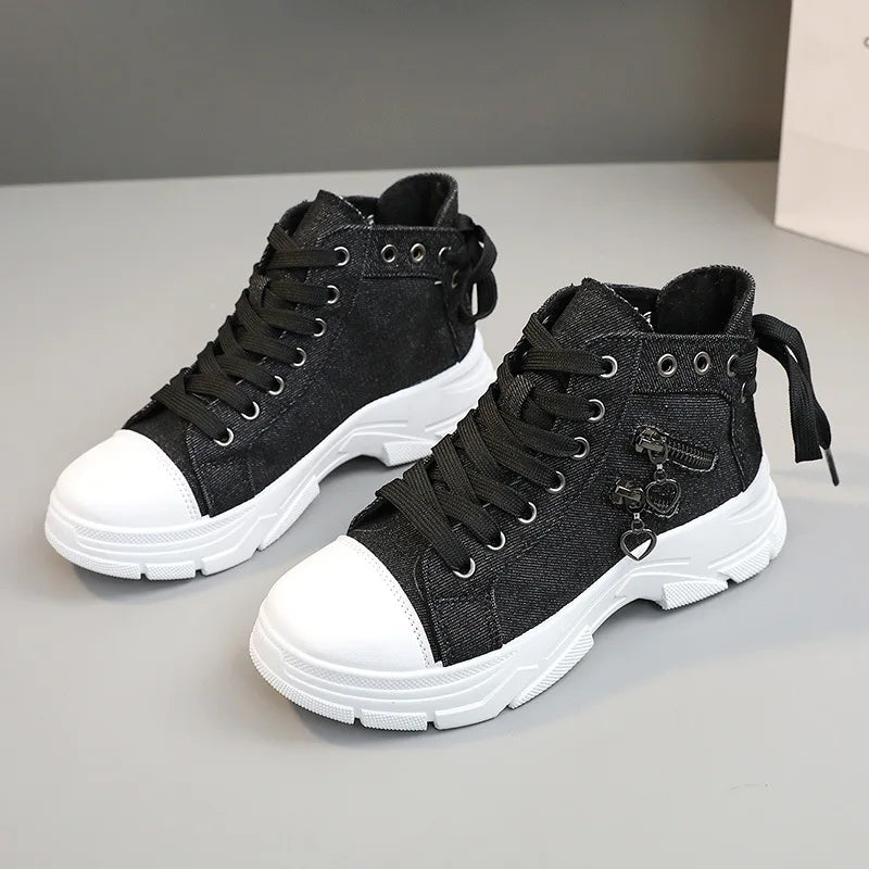 Womens High Top Denim Sneakers Skull Metal Decor Vintage Casual Shoes