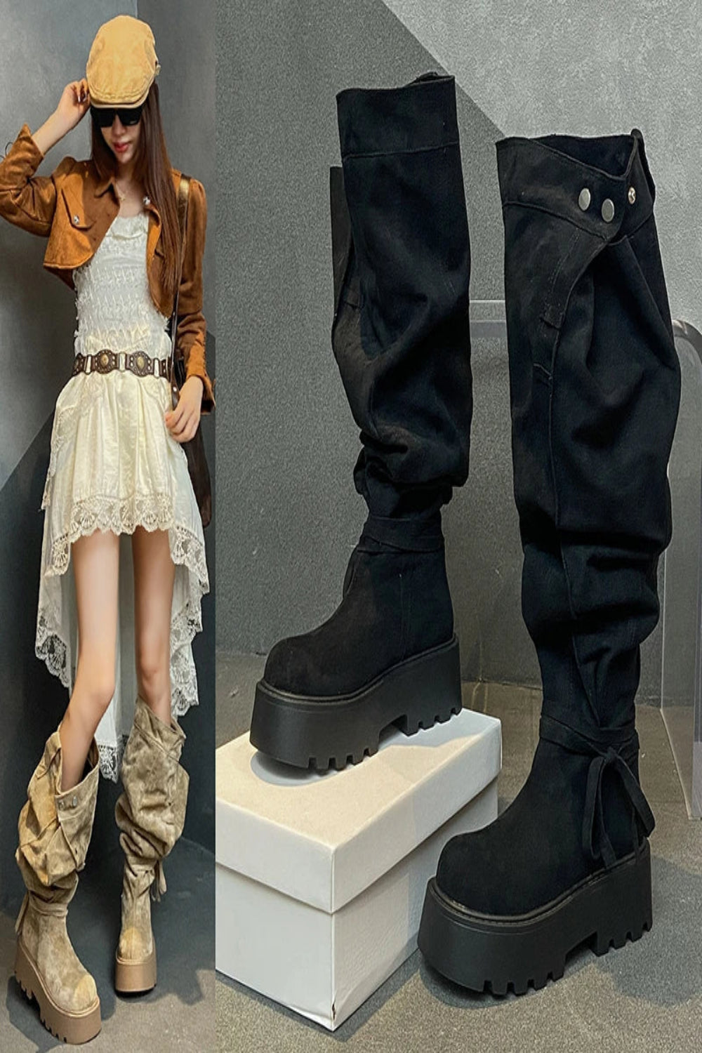 2025 Suede Mid-Calf Wedge Boots for Women - Platform Rivet Bow Fashion Boots