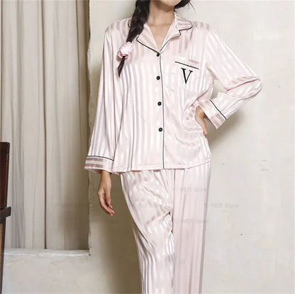 Womens Satin Pajama Set 2 Piece Star Print Loungewear With Lapel Shirt Elastic Waist Pants