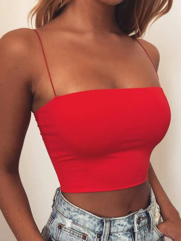 Womens Solid Halter Crop Top Sleeveless Camisole Spaghetti Strap Cami Tank Tops Tube Top Basic Bodycon Tee Sexy Fashion