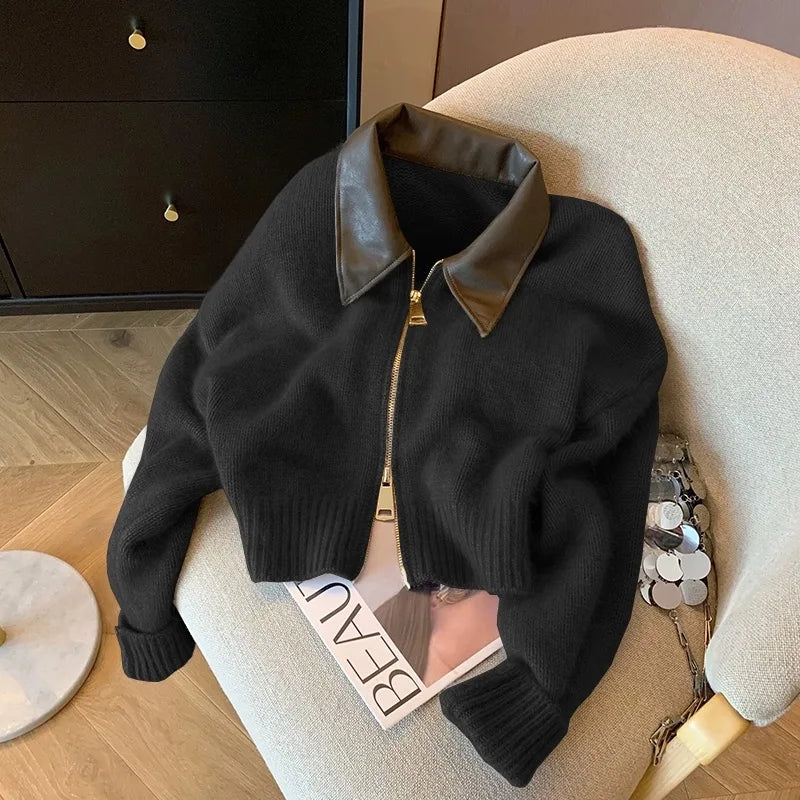 Spliced Leather Collar Knit Sweater Fashion Double Zipper Cardigan For Women Autumn Winter New Soft Vintage Long Sleeve Streetwear