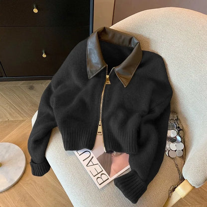 Spliced Leather Collar Knit Sweater Fashion Double Zipper Cardigan For Women Autumn Winter New Soft Vintage Long Sleeve Streetwear