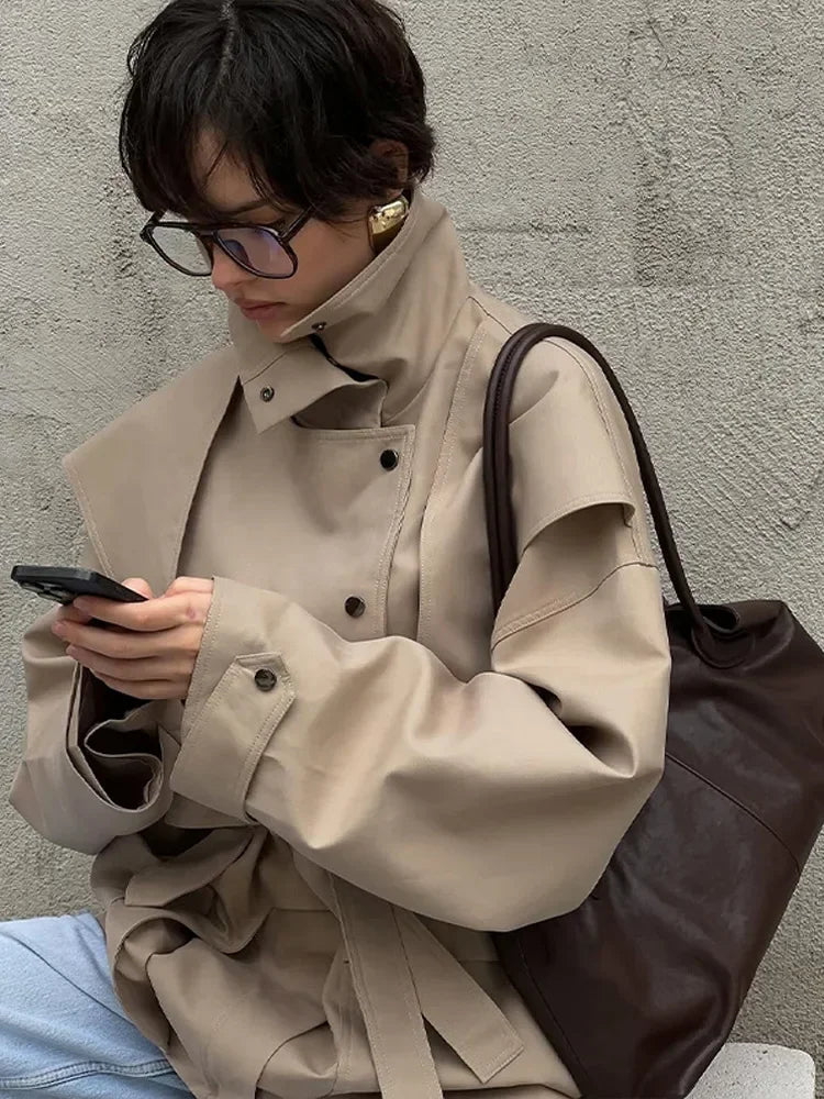 Cotton Khaki Long Turn Down Collar Belted Women Trench Coat