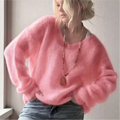 2025 Women S Solid Color Long Sleeved V Neck Cotton Linen Loose Top Fashionable Casual Sweater