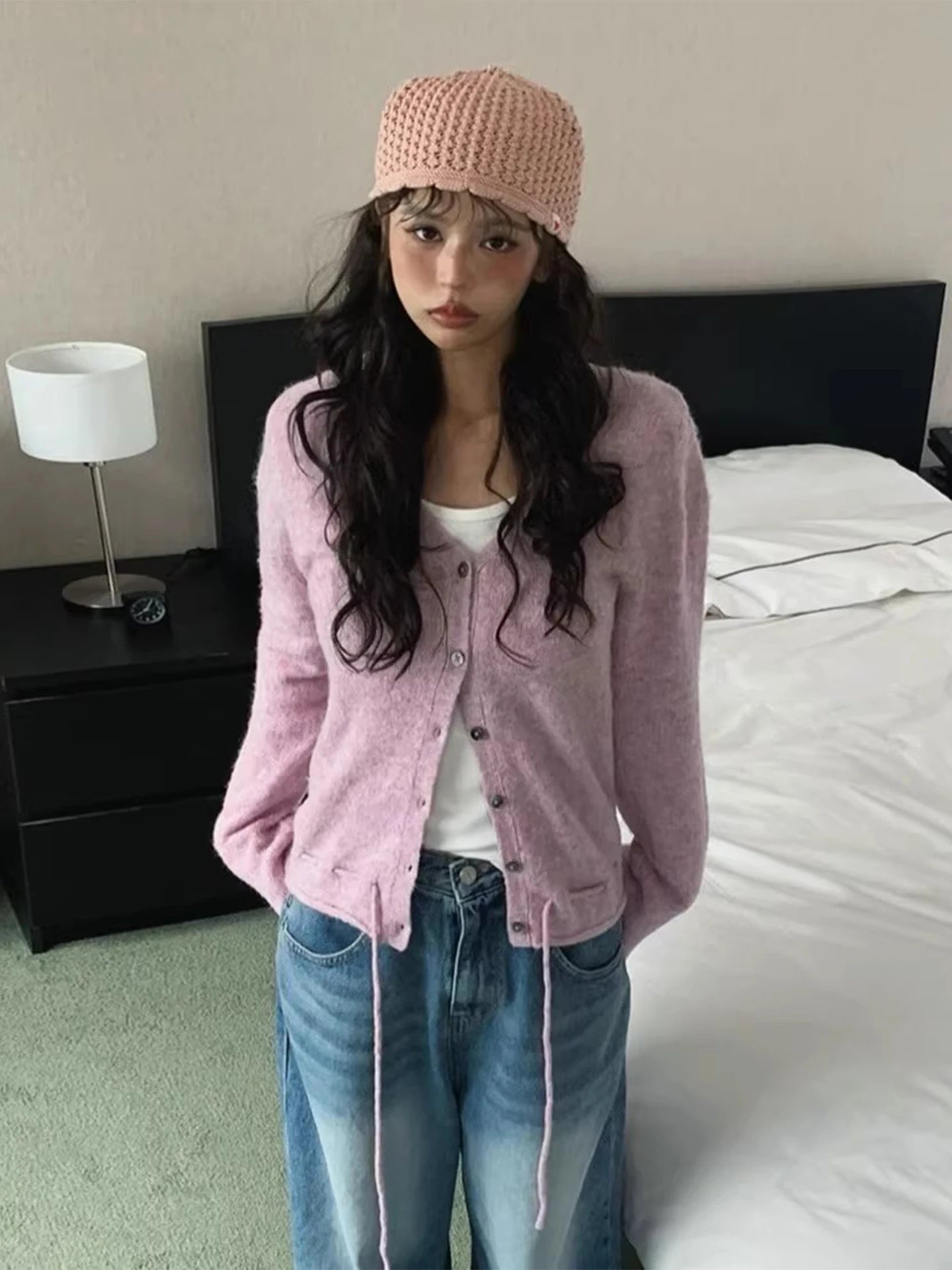 V-Neck Drawstring Knit Cardigan for Women – Slimming Autumn Outerwear