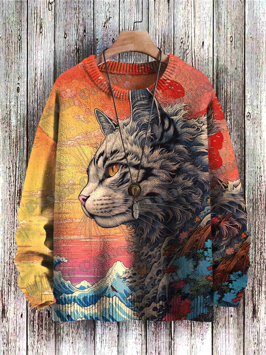 Vibrant Ukiyo-e Cat Sweater for Cozy Sunset Walks