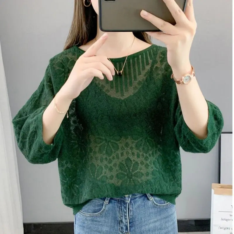 Elegant Knitted Hollow Out O Neck Sweater