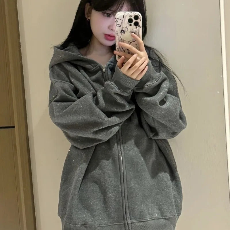 Korean Style Zipper High Quality Hooded Sweatshirts For Women