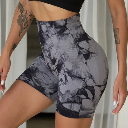 Womens Seamless Tie Dye Push Up Yoga Fitness Shorts