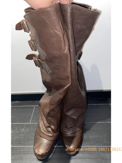 Womens Large Mid Length Retro Boots Buckle Casual Knight Boots For Autumn Winter 2025